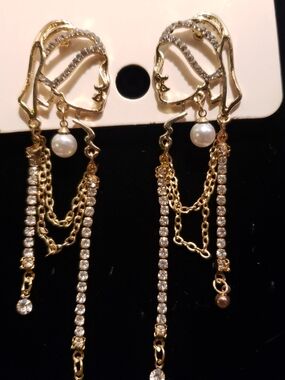 Unique Abstract Face Art | Statement Long Earrings for Women | Rhinestone Tasse